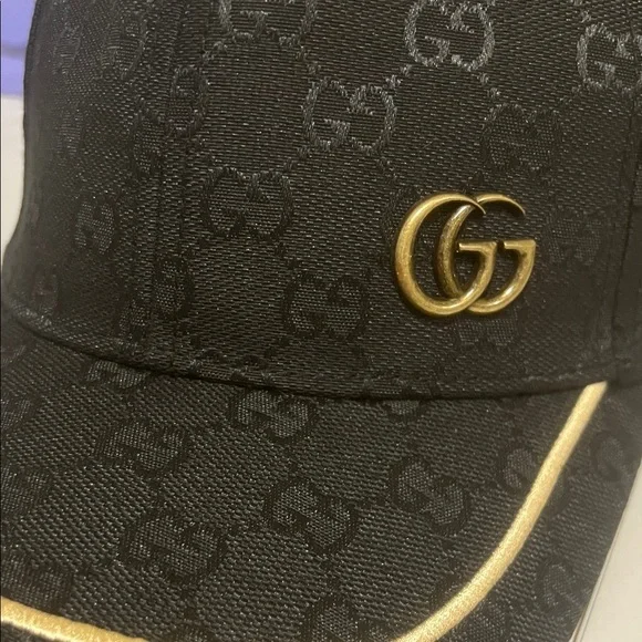 Gucci Black GG Monogram Cap with Gold Trim and Double G - Picture 2 of 5